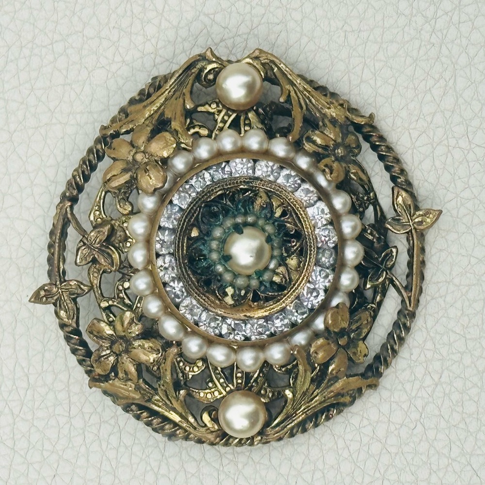 Antique 1920s/30s Art Nouveau Brass, Pearl, and Glass Brooch / Pin